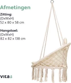 Vita5 Macramé Hangstoel - Voor Binnen En Buiten - Zonder Standaard - Incl. Kussen, Boekenvak En Beschermhoes - Tot 150kg - Beige -Tuinmeubel Verkoop 1020x1200