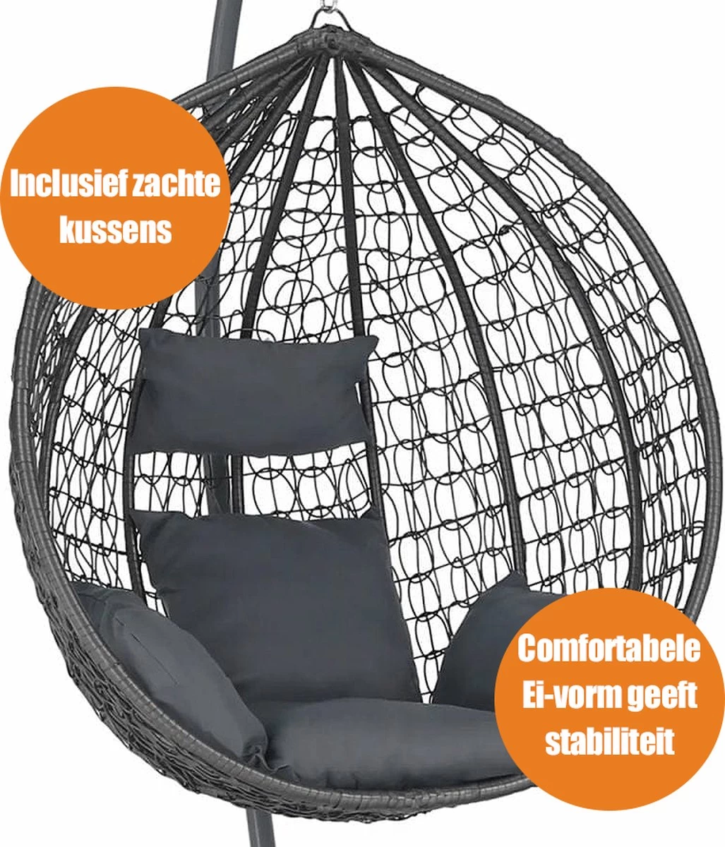 Bircim Hangstoel Ei/Egg-Vorm Met Dikke Kussens - Voor Binnen En Buiten - Incl. Standaard, Onderstel & Kussens - Antraciet 6 Bircim Hangstoel Ei/Egg-Vorm Met Dikke Kussens - Voor Binnen En Buiten - Incl. Standaard, Onderstel & Kussens - Antraciet - Afbeelding 4