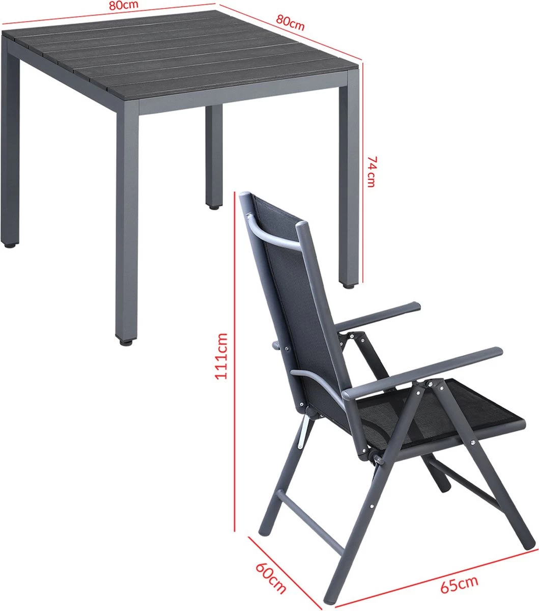 Tuinset 4 + 1 Klapstoelen Tuintafel – Aluminium 80x80cm - Grijs 13 Tuinset 4 + 1 Klapstoelen Tuintafel – Aluminium 80x80cm - Grijs - Afbeelding 11