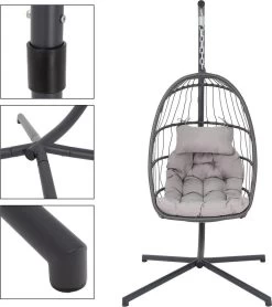 Pro Garden Lowander Hangstoel Egg 191x126x126- Schommelstoel Met Rattan Cocoon En Robuust Stalen Standaard Incl. Kussens - Volledig Inklapbaar - Lichtgrijs -Tuinmeubel Verkoop 1065x1200