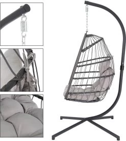 Pro Garden Lowander Hangstoel Egg 191x126x126- Schommelstoel Met Rattan Cocoon En Robuust Stalen Standaard Incl. Kussens - Volledig Inklapbaar - Lichtgrijs -Tuinmeubel Verkoop 1069x1200