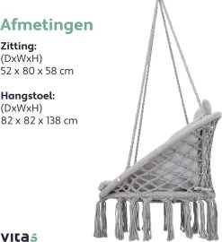 Vita5 Macramé Hangstoel - Voor Binnen En Buiten - Zonder Standaard - Incl. Kussen, Boekenvak En Beschermhoes - Tot 150kg - Grijs -Tuinmeubel Verkoop 1099x1200