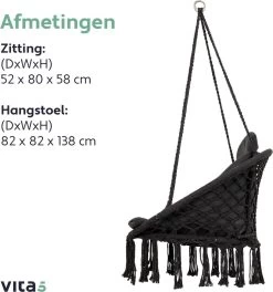 Vita5 Macramé Hangstoel - Voor Binnen En Buiten - Zonder Standaard - Incl. Kussen, Boekenvak En Beschermhoes - Tot 150kg - Zwart -Tuinmeubel Verkoop 1124x1200