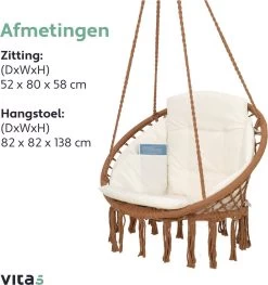 Vita5 Macramé Hangstoel - Voor Binnen En Buiten - Zonder Standaard - Incl. Kussen, Boekenvak En Beschermhoes - Tot 150kg - Bruin/Beige -Tuinmeubel Verkoop 1125x1200