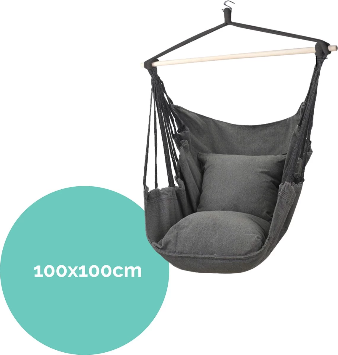 Hangmat Stoel - Hangstoel Voor Binnen Of Buiten - Incl. 2 Kussens - Zwart/Grijs Antraciet 6 Hangmat Stoel - Hangstoel Voor Binnen Of Buiten - Incl. 2 Kussens - Zwart/Grijs Antraciet - Afbeelding 4