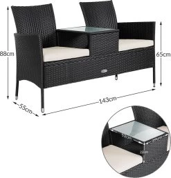 Casaria Polyrattan Tuinbank - Incl. Kussen - 143x55x88 Cm Zwart -Tuinmeubel Verkoop 1150x1200