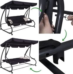 Springos Schommelbank | Linda-Schommel | 3-zits | Waterafstotend | Inclusief 2 Kussens | Verstelbare Luifel | 162 X 200 X 120 Cm | Zwart -Tuinmeubel Verkoop 1186x1200 1