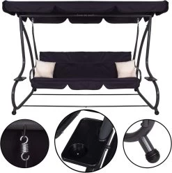 Springos Schommelbank | Linda-Schommel | 3-zits | Waterafstotend | Inclusief 2 Kussens | Verstelbare Luifel | 162 X 200 X 120 Cm | Zwart -Tuinmeubel Verkoop 1194x1200 2