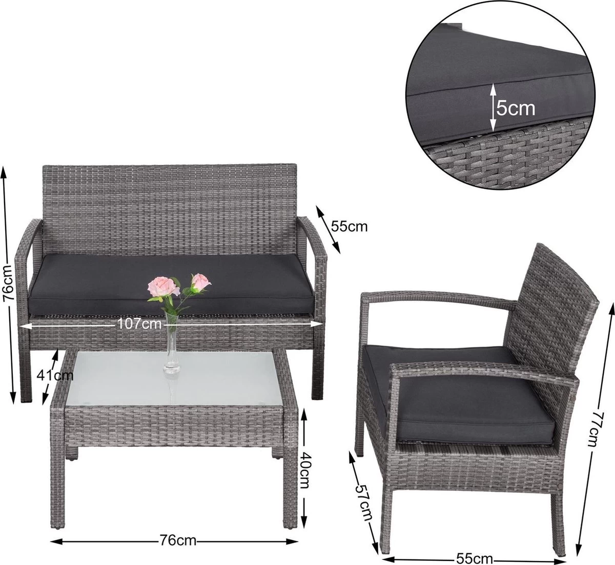 Casaria Polyrattan Loungeset – 2 Stoelen 1 Bank 1 Tafel - Antraciet 10 Casaria Polyrattan Loungeset – 2 Stoelen 1 Bank 1 Tafel - Antraciet - Afbeelding 8
