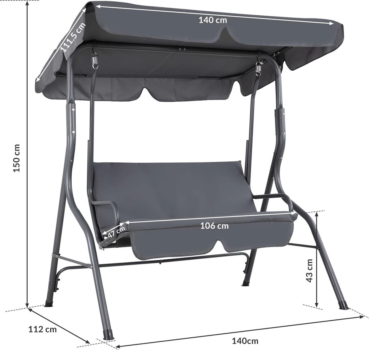 Merkloos Casaria Hollywood Schommel - Antraciet - Incl. Zonnekap 5 Merkloos Casaria Hollywood Schommel - Antraciet - Incl. Zonnekap - Afbeelding 3