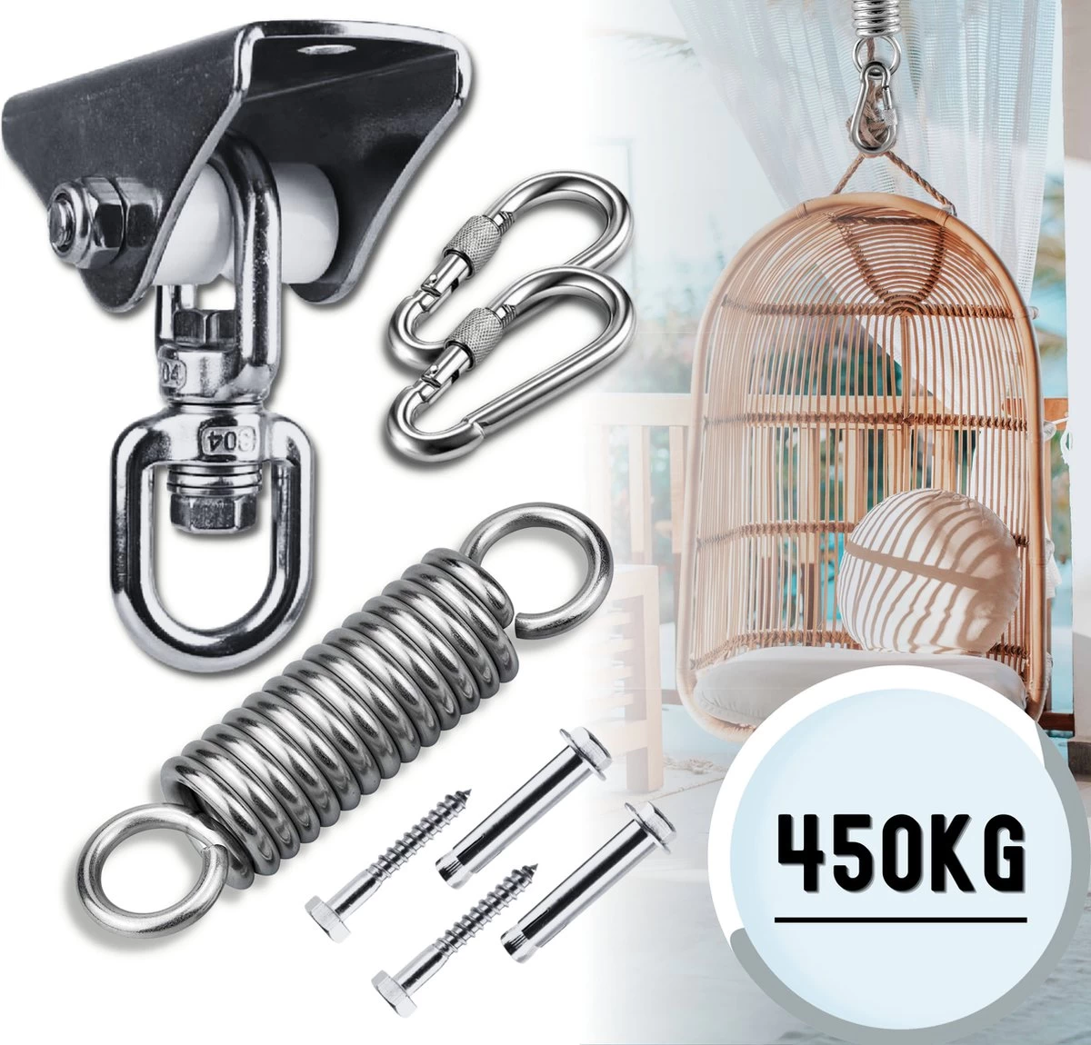 LFSY - Ophangsysteem - Universele Plafondhaak - Hangstoelen Binnen & Buiten - Ophanghaak – Bokszakken - Verandastoel - Zware Veer - RVS – 450kg – M8 3 LFSY - Ophangsysteem - Universele Plafondhaak - Hangstoelen Binnen & Buiten - Ophanghaak – Bokszakken - Verandastoel - Zware Veer - RVS – 450kg – M8