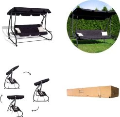 Springos Schommelbank | Linda-Schommel | 3-zits | Waterafstotend | Inclusief 2 Kussens | Verstelbare Luifel | 162 X 200 X 120 Cm | Zwart -Tuinmeubel Verkoop 1200x1171 3