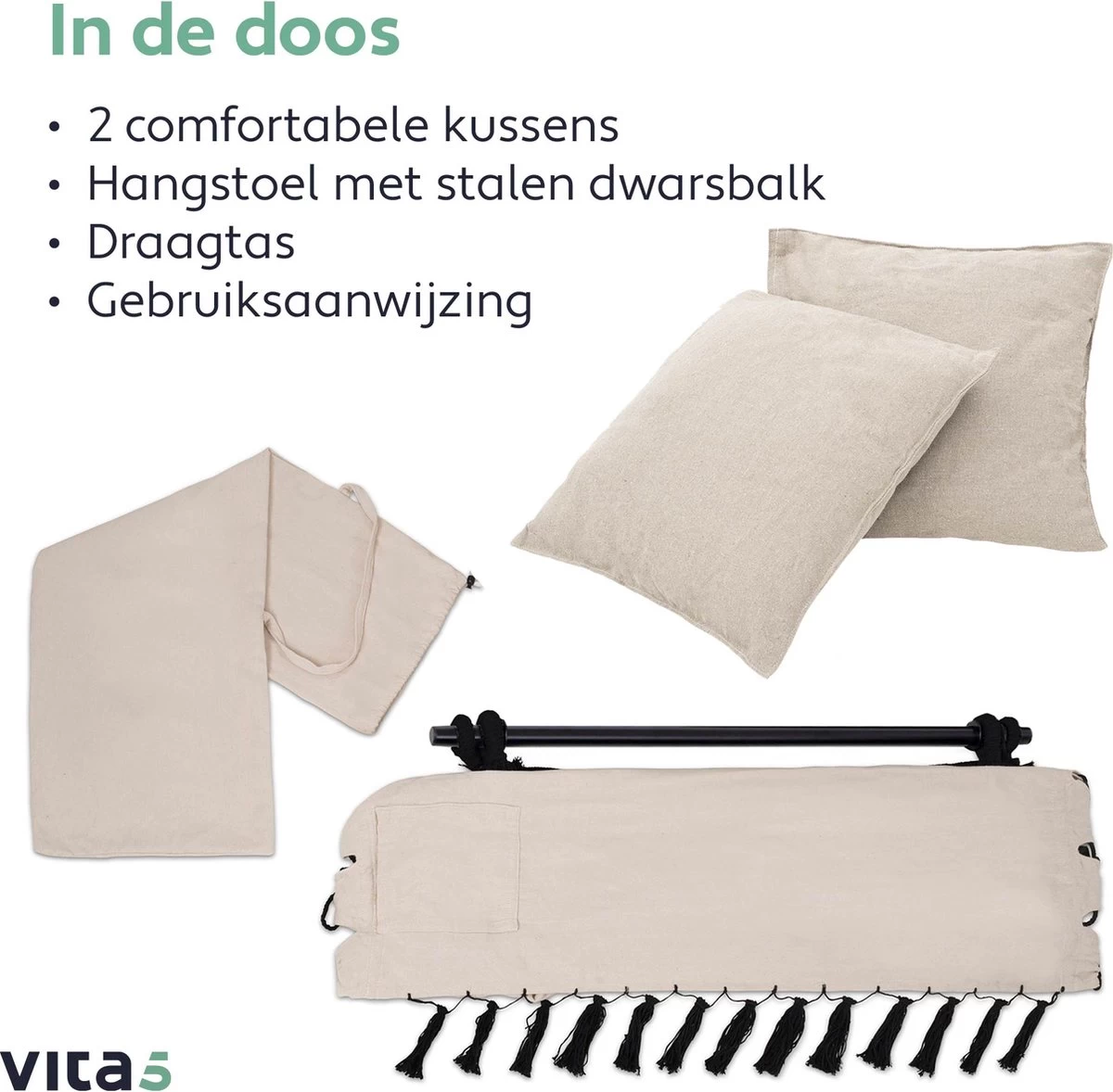 Vita5 XXL Hangstoel | Binnen&Buiten Hangnest | Incl. 2 Kussens En Boekenvak | Volwassenen&Kinderen | Hangmatstoel Tot 225kg | Beige 10 Vita5 XXL Hangstoel | Binnen&Buiten Hangnest | Incl. 2 Kussens En Boekenvak | Volwassenen&Kinderen | Hangmatstoel Tot 225kg | Beige - Afbeelding 8