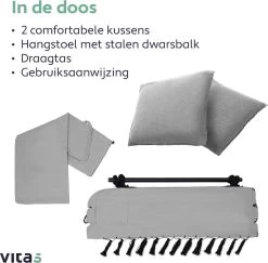 Vita5 XXL Hangstoel | Binnen&Buiten Hangnest | Incl. 2 Kussens En Boekenvak | Volwassenen&Kinderen | Hangmatstoel Tot 225kg | Grijs -Tuinmeubel Verkoop 1200x1181