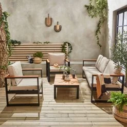 Loungeset 5 Plaatsen Van Aluminium En Eucalyptus – NAZCA – Antraciet Structuur, Lichtgrijs Kussens -Tuinmeubel Verkoop 1200x1200 1144