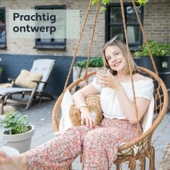 Vita5 Macramé Hangstoel - Voor Binnen En Buiten - Zonder Standaard - Incl. Kussen, Boekenvak En Beschermhoes - Tot 150kg - Bruin/Beige -Tuinmeubel Verkoop 1200x1200 120