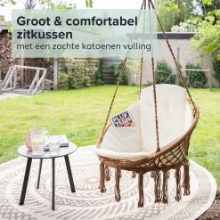 Vita5 Macramé Hangstoel - Voor Binnen En Buiten - Zonder Standaard - Incl. Kussen, Boekenvak En Beschermhoes - Tot 150kg - Bruin/Beige -Tuinmeubel Verkoop 1200x1200 122