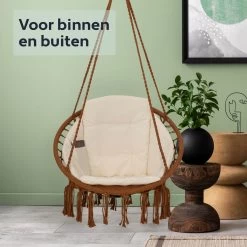Vita5 Macramé Hangstoel - Voor Binnen En Buiten - Zonder Standaard - Incl. Kussen, Boekenvak En Beschermhoes - Tot 150kg - Bruin/Beige -Tuinmeubel Verkoop 1200x1200 123
