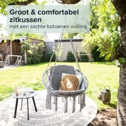 Vita5 Macramé Hangstoel - Voor Binnen En Buiten - Zonder Standaard - Incl. Kussen, Boekenvak En Beschermhoes - Tot 150kg - Grijs -Tuinmeubel Verkoop 1200x1200 132