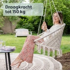 Vita5 Macramé Hangstoel - Voor Binnen En Buiten - Zonder Standaard - Incl. Kussen, Boekenvak En Beschermhoes - Tot 150kg - Beige -Tuinmeubel Verkoop 1200x1200 220