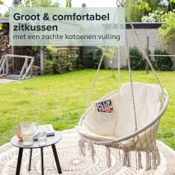 Vita5 Macramé Hangstoel - Voor Binnen En Buiten - Zonder Standaard - Incl. Kussen, Boekenvak En Beschermhoes - Tot 150kg - Beige -Tuinmeubel Verkoop 1200x1200 222