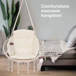 Vita5 Macramé Hangstoel - Voor Binnen En Buiten - Zonder Standaard - Incl. Kussen, Boekenvak En Beschermhoes - Tot 150kg - Beige -Tuinmeubel Verkoop 1200x1200 223