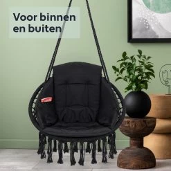 Vita5 Macramé Hangstoel - Voor Binnen En Buiten - Zonder Standaard - Incl. Kussen, Boekenvak En Beschermhoes - Tot 150kg - Zwart -Tuinmeubel Verkoop 1200x1200 40