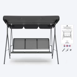 LifeGoods Schommelbank - 3-zits - Tot 250KG - Kantelbaar Dak - UV-bestendig Zonnescherm - 172x104x162cm - Grijs -Tuinmeubel Verkoop 1200x1200 401