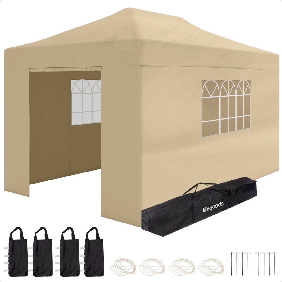 LifeGoods Partytent - 3x4.5 M - Zijwanden - Easy Up - Opvouwbaar - Waterdicht - Draagtas Met Wieltjes - Beige 3 LifeGoods Partytent - 3x4.5 M - Zijwanden - Easy Up - Opvouwbaar - Waterdicht - Draagtas Met Wieltjes - Beige