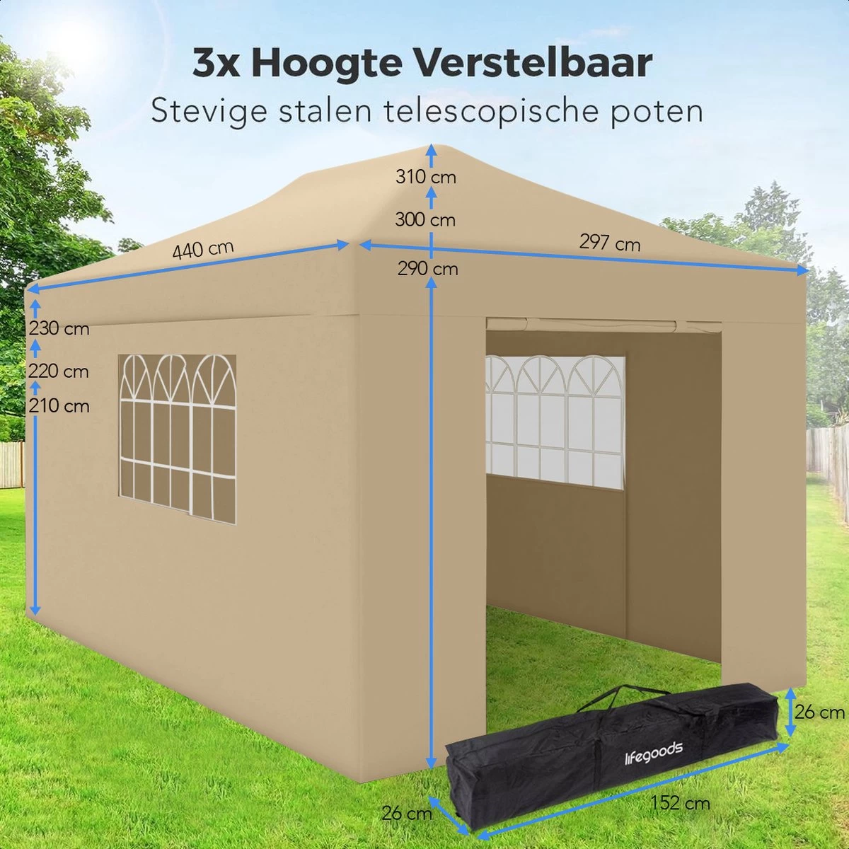 LifeGoods Partytent - 3x4.5 M - Zijwanden - Easy Up - Opvouwbaar - Waterdicht - Draagtas Met Wieltjes - Beige 7 LifeGoods Partytent - 3x4.5 M - Zijwanden - Easy Up - Opvouwbaar - Waterdicht - Draagtas Met Wieltjes - Beige - Afbeelding 5