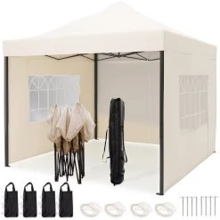 LifeGoods Partytent - 3x3 M - Zijwanden - Easy Up - Opvouwbaar - Waterdicht - Draagtas Met Wieltjes - Beige