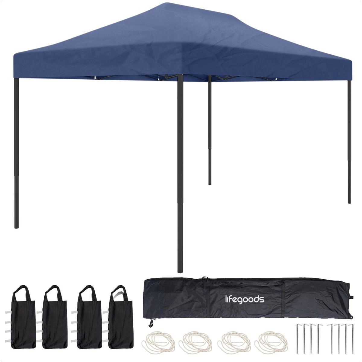 LifeGoods Partytent - 3x4.5 M - Easy Up - Opvouwbaar - Waterdicht - Draagtas Met Wieltjes - Donkerblauw 3 LifeGoods Partytent - 3x4.5 M - Easy Up - Opvouwbaar - Waterdicht - Draagtas Met Wieltjes - Donkerblauw