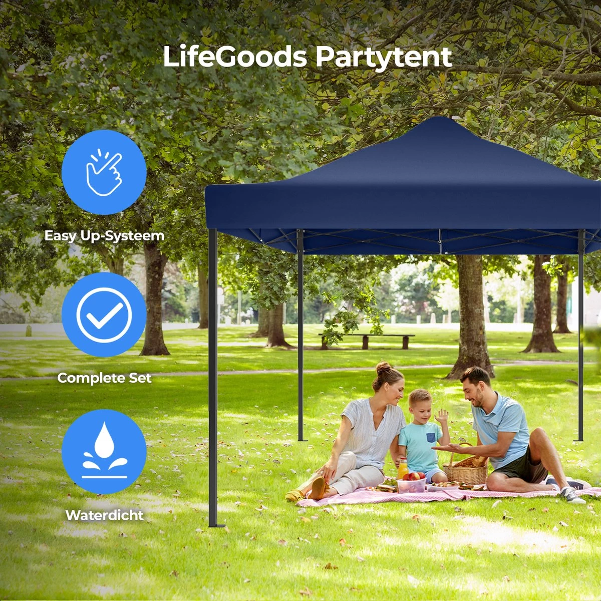 LifeGoods Partytent - 3x4.5 M - Zijwanden - Easy Up - Opvouwbaar - Waterdicht - Draagtas Met Wieltjes - Donkerblauw 8 LifeGoods Partytent - 3x4.5 M - Zijwanden - Easy Up - Opvouwbaar - Waterdicht - Draagtas Met Wieltjes - Donkerblauw - Afbeelding 6