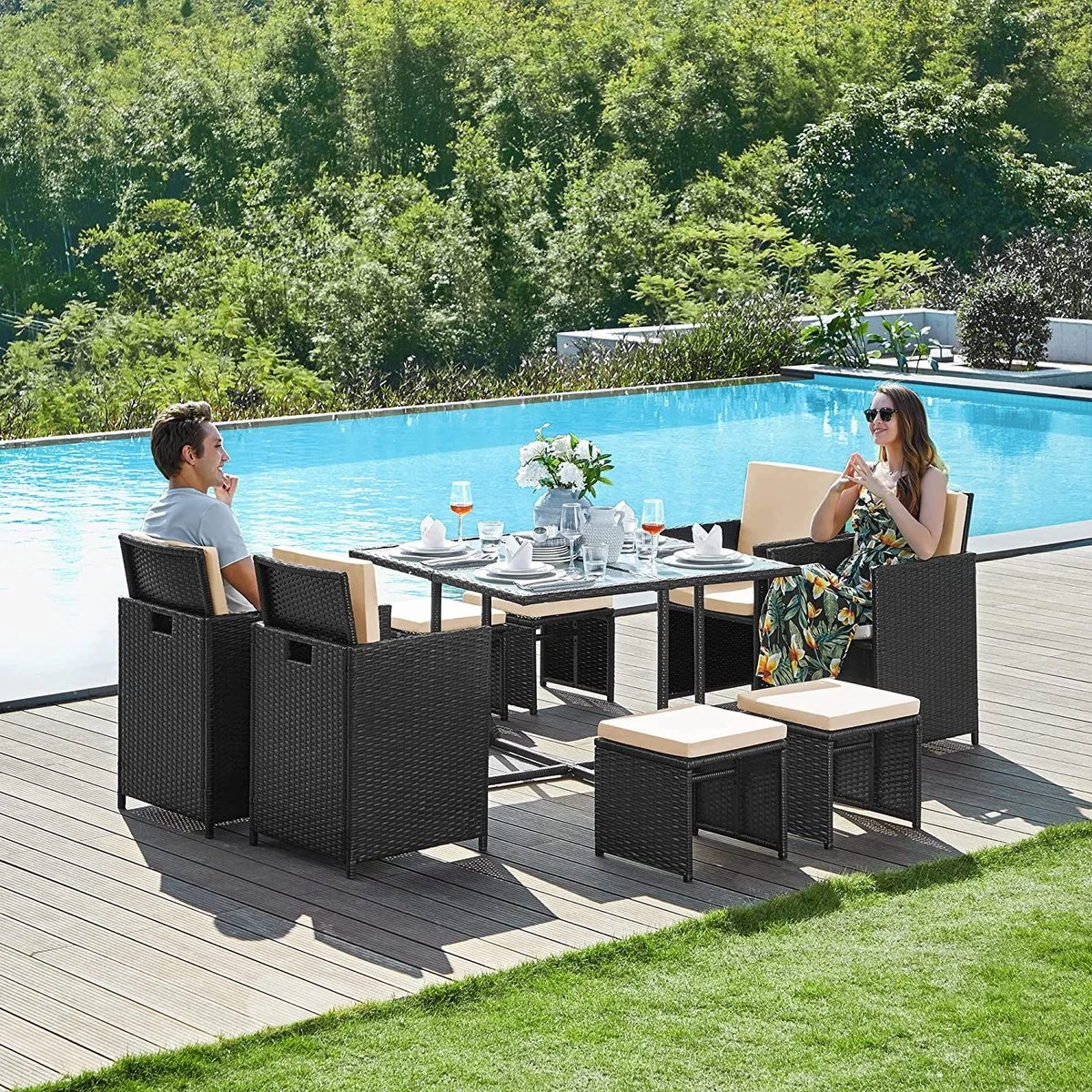Tuinmeubelset - Tuinset 4 6 8 Persoons - Eettafel En Stoelen - Set Van 9 - Terras - Tuintafel - Salontafel Met Glazen Oppervlak - Zwart Beige 8 Tuinmeubelset - Tuinset 4 6 8 Persoons - Eettafel En Stoelen - Set Van 9 - Terras - Tuintafel - Salontafel Met Glazen Oppervlak - Zwart Beige - Afbeelding 7