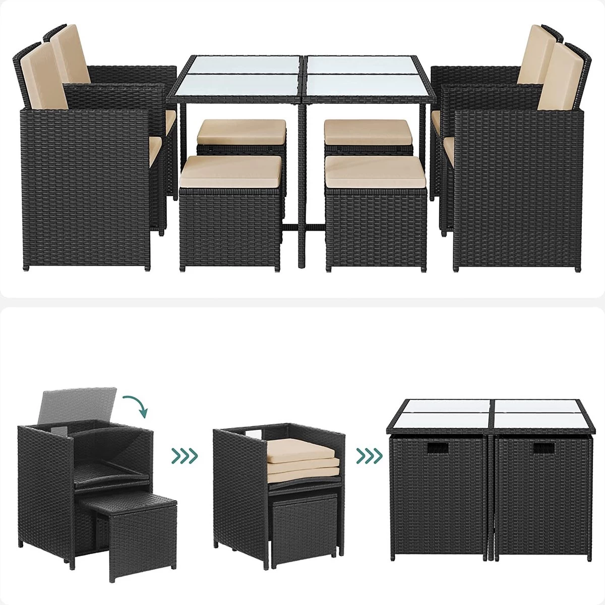 Tuinmeubelset - Tuinset 4 6 8 Persoons - Eettafel En Stoelen - Set Van 9 - Terras - Tuintafel - Salontafel Met Glazen Oppervlak - Zwart Beige 9 Tuinmeubelset - Tuinset 4 6 8 Persoons - Eettafel En Stoelen - Set Van 9 - Terras - Tuintafel - Salontafel Met Glazen Oppervlak - Zwart Beige - Afbeelding 8