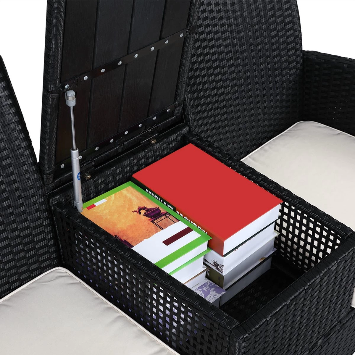 Casaria Tuinbank Polyrattan – 2 Zitter Incl. Tafel & Kussens – Zwart 7 Casaria Tuinbank Polyrattan – 2 Zitter Incl. Tafel & Kussens – Zwart - Afbeelding 5