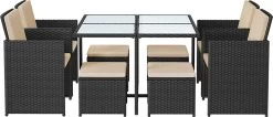 Tuinmeubelset - Tuinset 4 6 8 Persoons - Eettafel En Stoelen - Set Van 9 - Terras - Tuintafel - Salontafel Met Glazen Oppervlak - Zwart Beige