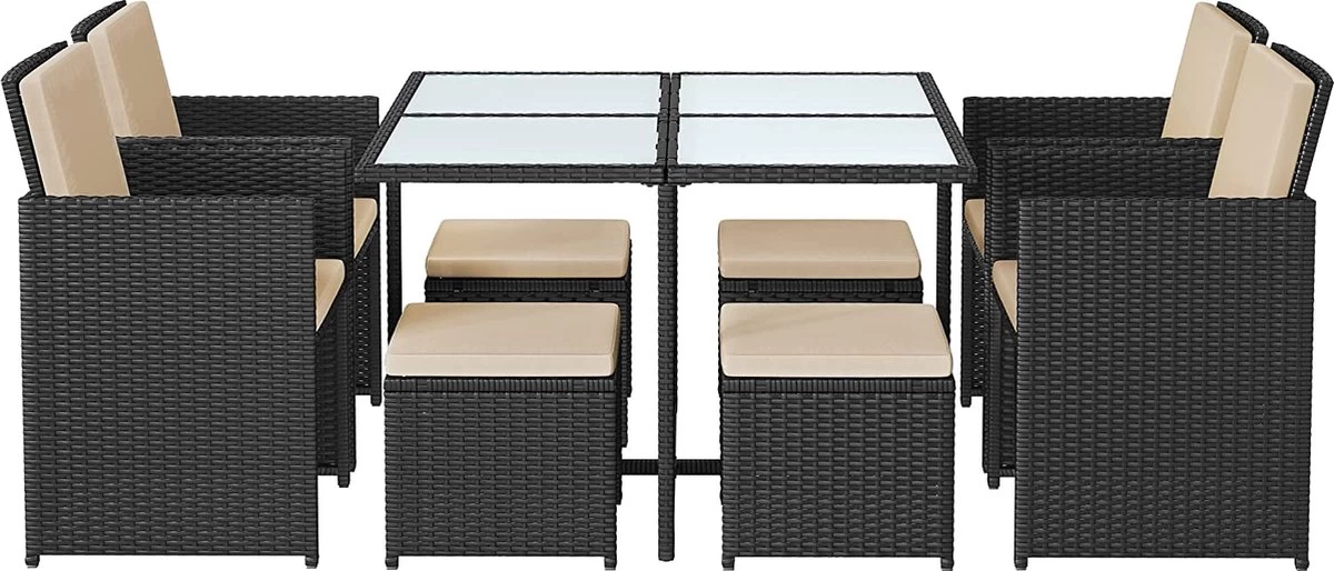 Tuinmeubelset - Tuinset 4 6 8 Persoons - Eettafel En Stoelen - Set Van 9 - Terras - Tuintafel - Salontafel Met Glazen Oppervlak - Zwart Beige 2 Tuinmeubelset - Tuinset 4 6 8 Persoons - Eettafel En Stoelen - Set Van 9 - Terras - Tuintafel - Salontafel Met Glazen Oppervlak - Zwart Beige