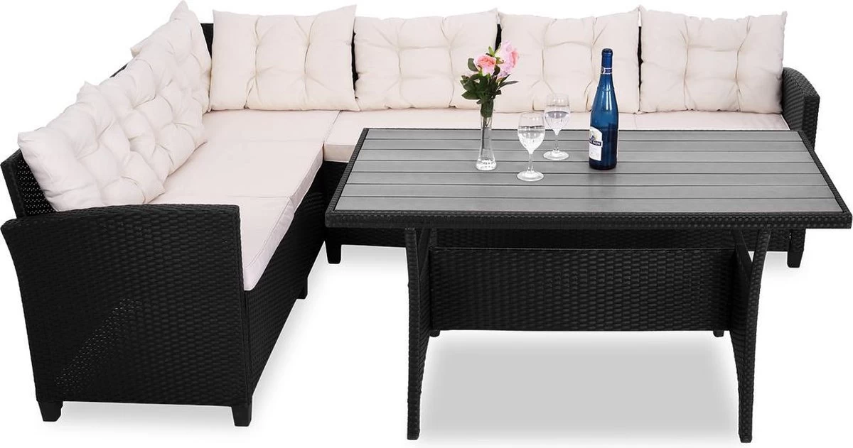 Casaria Polyrattan Tuinset - 15 Delig Voor 6 Personen – Crème Zwart 4 Casaria Polyrattan Tuinset - 15 Delig Voor 6 Personen – Crème Zwart - Afbeelding 2