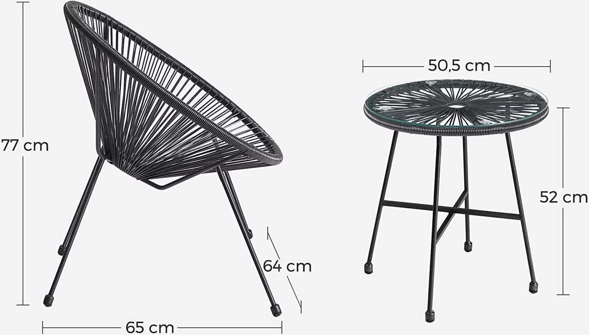 Songmics Balkonmeubilair, Tuinmeubelset, Set Van 3, Zitgroep, Terrasmeubilair, Glazen Tafelblad, 2 Stoelen, Voor Binnen En Buiten, Voor Patio, Tuin, Balkon, Buiten, Zwart GGF013B02 5 Songmics Balkonmeubilair, Tuinmeubelset, Set Van 3, Zitgroep, Terrasmeubilair, Glazen Tafelblad, 2 Stoelen, Voor Binnen En Buiten, Voor Patio, Tuin, Balkon, Buiten, Zwart GGF013B02 - Afbeelding 3
