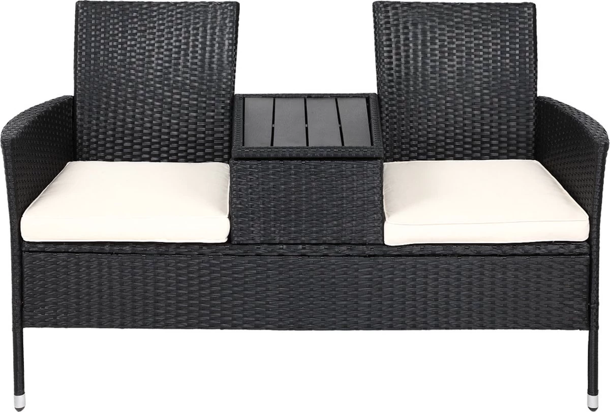 Casaria Tuinbank Polyrattan – 2 Zitter Incl. Tafel & Kussens – Zwart 4 Casaria Tuinbank Polyrattan – 2 Zitter Incl. Tafel & Kussens – Zwart - Afbeelding 2