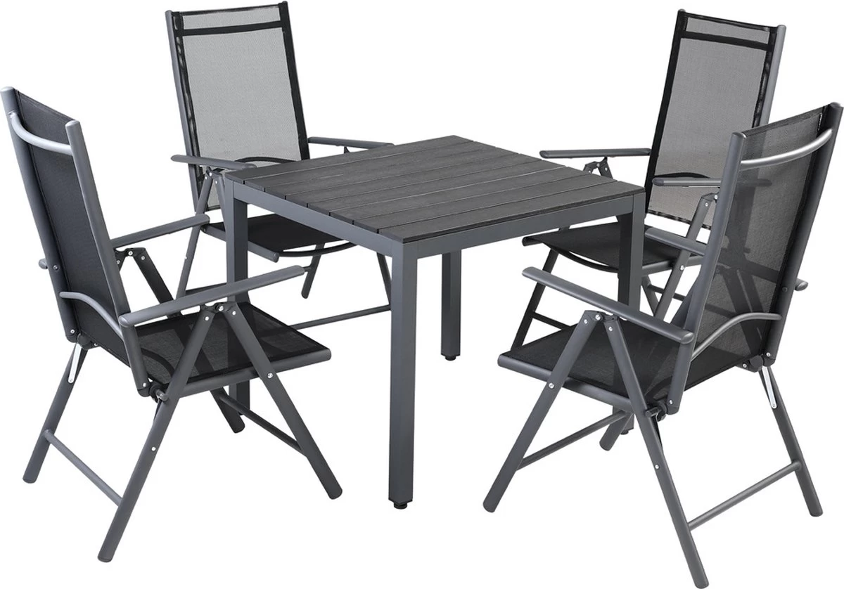 Tuinset 4 + 1 Klapstoelen Tuintafel – Aluminium 80x80cm - Grijs 4 Tuinset 4 + 1 Klapstoelen Tuintafel – Aluminium 80x80cm - Grijs - Afbeelding 2