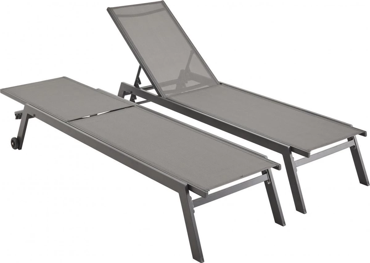 ELSA - Set Van 2 Ligstoelen Van Aluminium En Textileen, Ligbed Multipositioneel Met Wieltjes, Kleur Antraciet/donkergrijs 7 ELSA - Set Van 2 Ligstoelen Van Aluminium En Textileen, Ligbed Multipositioneel Met Wieltjes, Kleur Antraciet/donkergrijs - Afbeelding 5