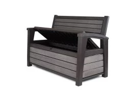 Keter - Hudson Bench Box - 2-zits Bank - Opbergbox - Hout Look & Feel - 227L - 138x63x89cm - Antraciet -Tuinmeubel Verkoop 1200x873 1