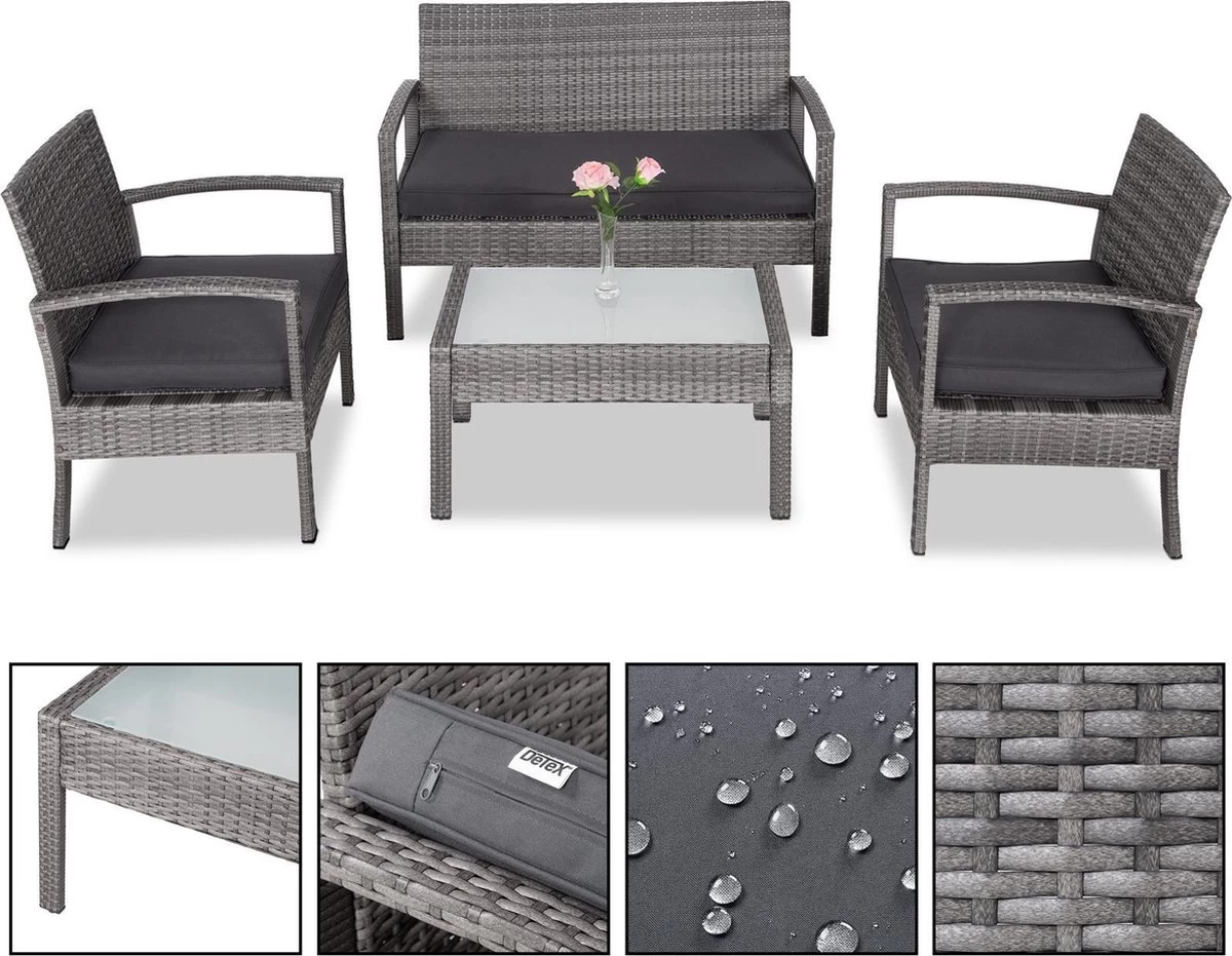 Casaria Polyrattan Loungeset – 2 Stoelen 1 Bank 1 Tafel - Antraciet 9 Casaria Polyrattan Loungeset – 2 Stoelen 1 Bank 1 Tafel - Antraciet - Afbeelding 7