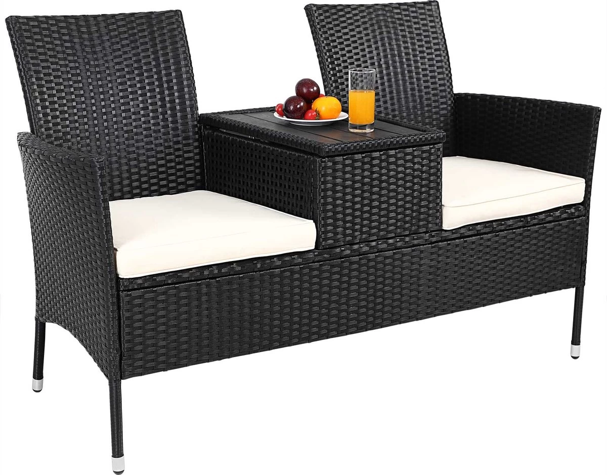 Casaria Tuinbank Polyrattan – 2 Zitter Incl. Tafel & Kussens – Zwart 3 Casaria Tuinbank Polyrattan – 2 Zitter Incl. Tafel & Kussens – Zwart