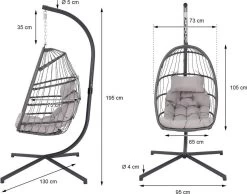 Pro Garden Lowander Hangstoel Egg 191x126x126- Schommelstoel Met Rattan Cocoon En Robuust Stalen Standaard Incl. Kussens - Volledig Inklapbaar - Lichtgrijs -Tuinmeubel Verkoop 1200x943
