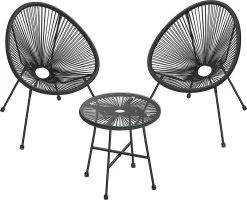 Songmics Balkonmeubilair, Tuinmeubelset, Set Van 3, Zitgroep, Terrasmeubilair, Glazen Tafelblad, 2 Stoelen, Voor Binnen En Buiten, Voor Patio, Tuin, Balkon, Buiten, Zwart GGF013B02