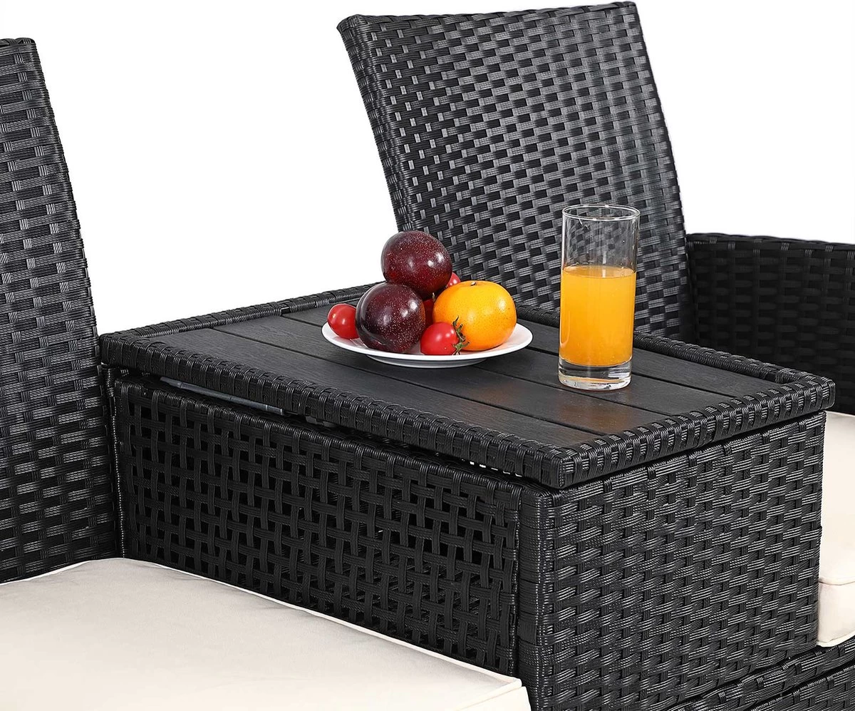 Casaria Tuinbank Polyrattan – 2 Zitter Incl. Tafel & Kussens – Zwart 8 Casaria Tuinbank Polyrattan – 2 Zitter Incl. Tafel & Kussens – Zwart - Afbeelding 6